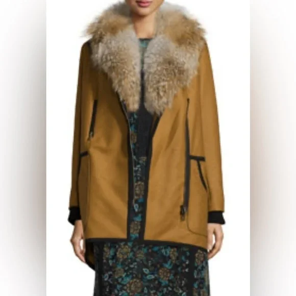 Veronica Beard Granite Wool-Cashmere Zip Parka with Fur Collar Camel